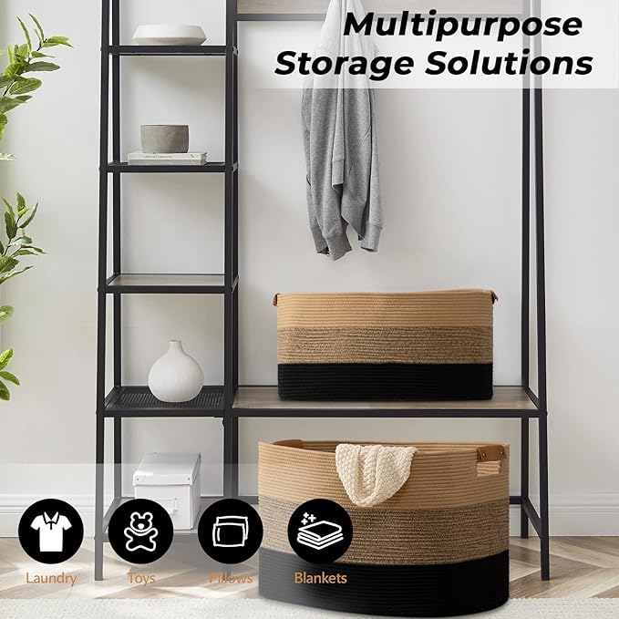 danpinera Large Woven Basket, 108L Large Blanket Basket for Living Room, Nursery, Cotton Woven Hamper for Toy Organizing & Laundry, 25’’*16’’*16’’ Gradient Linen