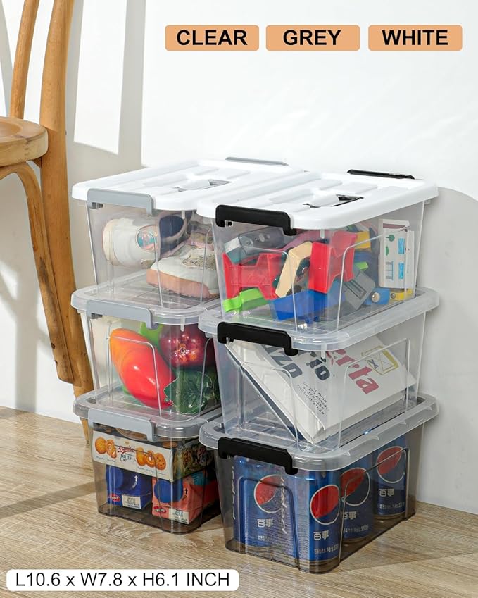 6 Pack Plastic Storage Bins with Lids 7 Quart Stackable Clear Storage Bins with Buckle Lids and Handle easy for Home Office Pantry Organization, Grey