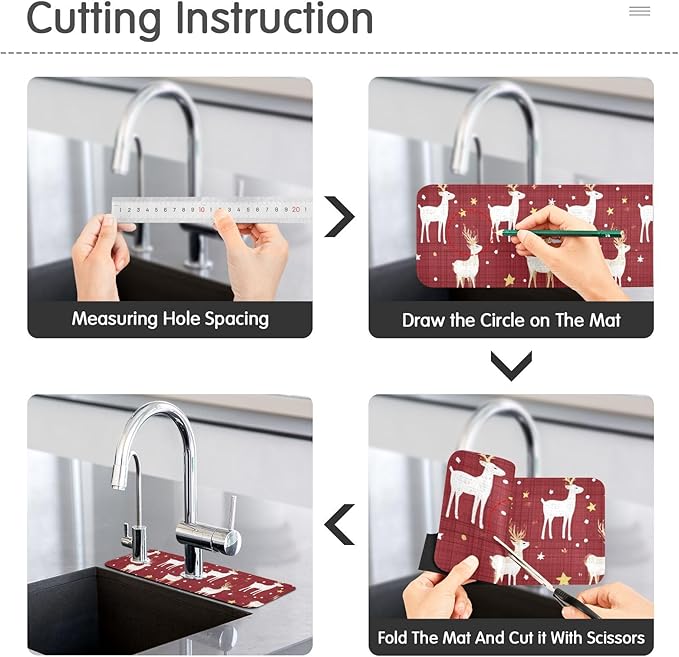 Kitchen Sink Splash Guard 2 PCS 14.7 Inch Sink Faucet Mat Splash Guard for Bathroom Countertop Water Absorbent Foldable Cuttable Soft Washable Red Christmas Reindeer Star Dots