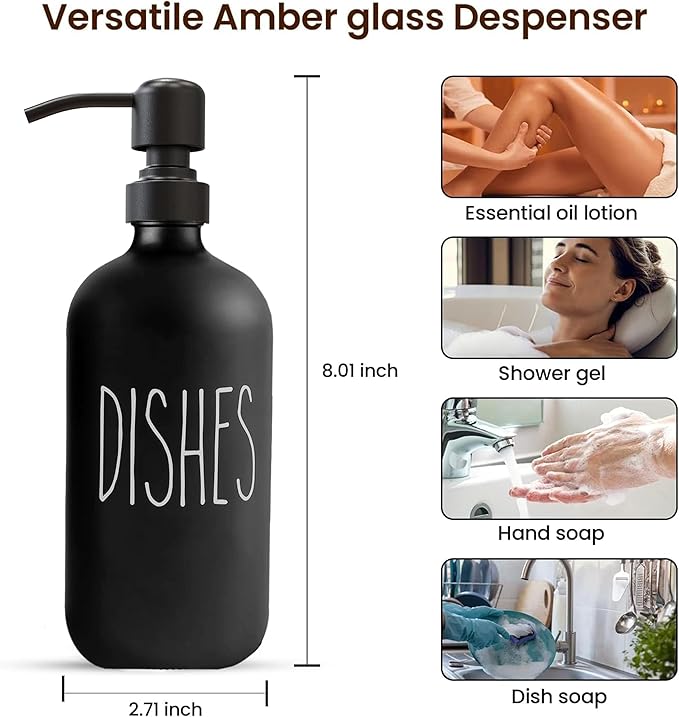 16 OZ Thick Black Glass Soap Dispenser, Matte Black Stainless Steel Pump 2 Pack, Hand and Dish Soap Dispenser Set for Bathroom with 6 Waterproof Labels
