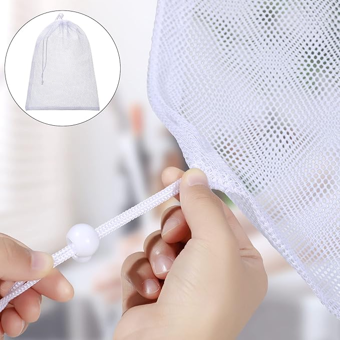 TecUnite 10 Pcs Mesh Bags Drawstring Laundry Bags Large Nylon Mesh Gift Dishwasher Bag with Sliding Drawstring for Kitchen Jewelry Gifts Wedding Favor Home(24 x 36 Inch,White)