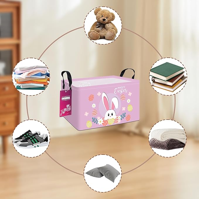 Rectangular Storage Basket Fabric Organizer Bin for Toys,Books,Clothes,Gifts,Pets-Perfect for Home,Office,Nursery,Dorm,Shelf(Rec-Easter rabbit)
