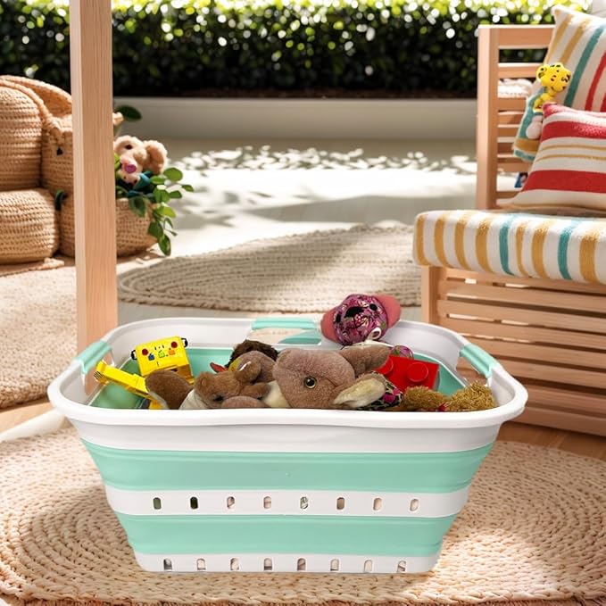 SAMMART 42L (11 gallons) Set of 2 Plastic Foldable Storage Basket/Container - Collapsible, Space Saving and Portable Laundry Hamper, Ideal for Home, Travel, Dorm (2, White/Light Green)