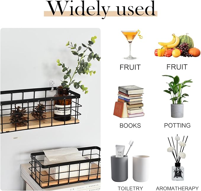 2-Pack Small Wire Baskets, Metal Wire Storage Baskets, Rustic Storage Bin Wood Base Containers Farmhouse Rectangle Organizer Tray for Home Kitchen Bathroom