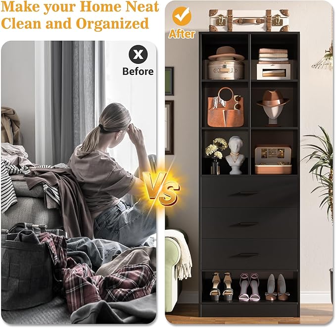 Homieasy Closet System Organizer with 3 Drawers and Partition Storage, Freestanding Wardrobe Organizer Modular with Shoe Shelf, Expandable for Walk-in or Reach-in Closets, Black