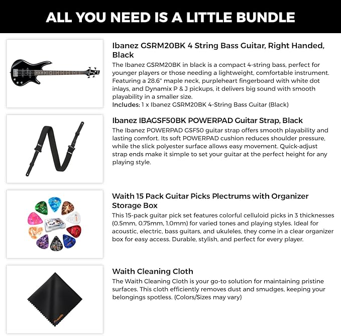 Ibanez GSRM20 4-String Solid Body Bass Guitar (Black) - Right Handed Poplar Body Bass with GSF50 Powerpad Strap, 15 Pack Guitar Picks with Storage Box & Microfiber Cleaning Cloth (Bundle Set)