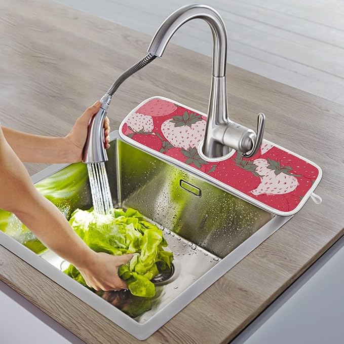 Sink Faucet Absorbing Mat Kitchen Sink Splash Guard Splash Faucet Drip Catcher for Bar RV Bathroom 2PCS 30x5.5in Pink White Strawberries Flowers