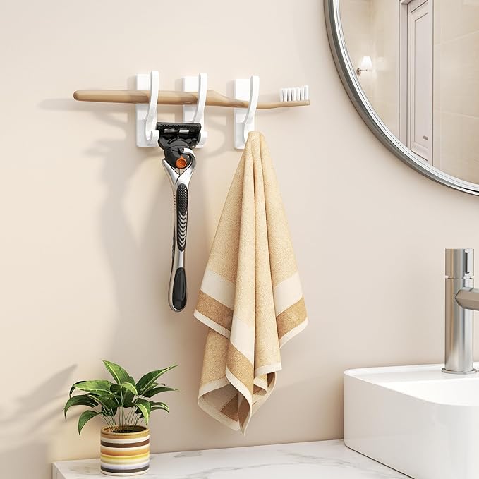 pickpiff Adhesive Wall Hooks for Towels - Sticky Hook Hanging Heavy Duty (13lb), Hanger for Door, Bathroom, Dorm, Closet - for Coats, Purse, Bag, Robe - No Damage to Wall - White 4 Pack