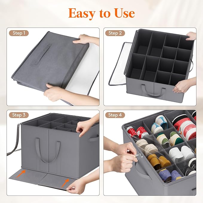 Lifewit Shoe Storage Organizer for Closet, Fabric Large Shoe Box Storage Containers with Clear Cover, Foldable Bins for Boots Heels Sneakers Fits 36-48 Pairs (Each 12-16 Pairs) 3 Pack Gray