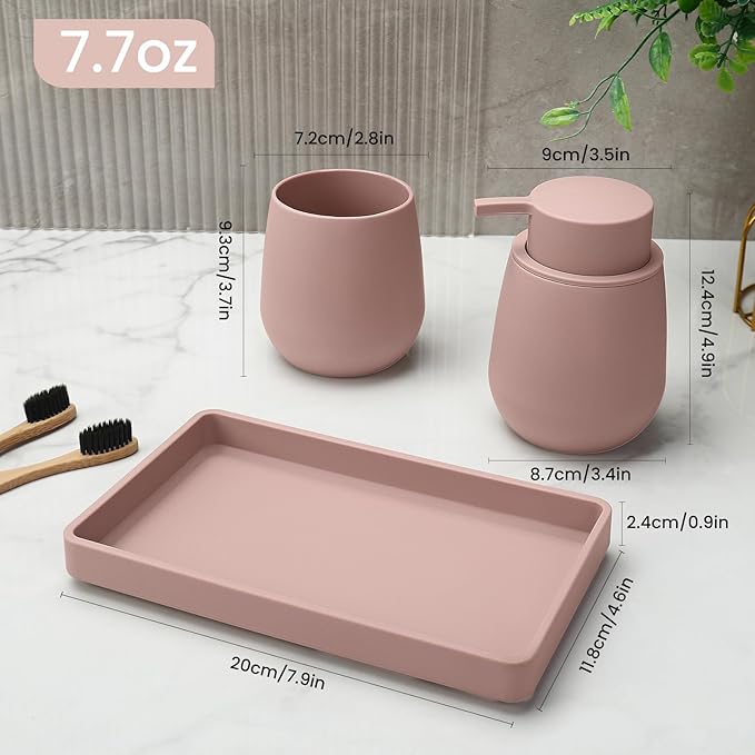 Bathroom Accessories Set, Modern 3 Pcs Bathroom Essentials - Soap Dispenser, Toothbrush Holder & Tray, Countertop Vanity Organizer (Pink)