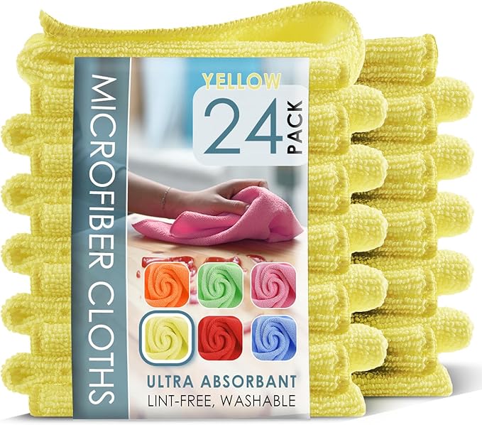 Hearth & Harbor Microfiber Cleaning Cloth Towels for Cars, 24 Pack Yellow Washcloths, Reusable Lint-Free Rags, 12x12 Inches