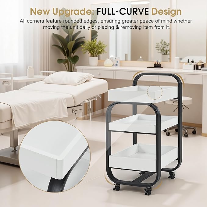BarberPub Salon Storage Trolley with Shelves, Beauty SPA Rolling Cart with Lockable Wheels, 3-Tier Stylist Tool Organizer, Barber Mobile Station Equipment 2085 (Black&White)