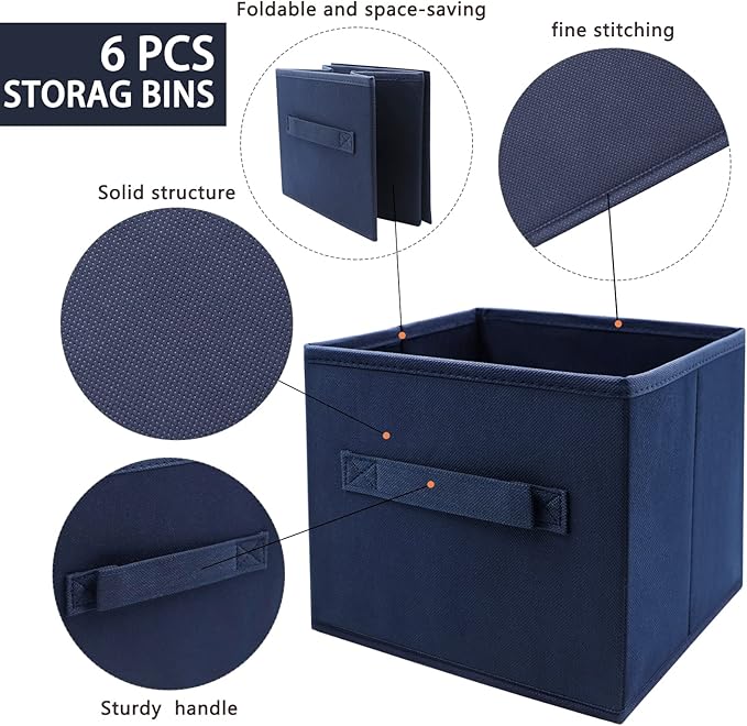 Small Storage Bins,Collapsible Fabric Storage Organizer 9.0"x7.5"x7.5" 6 Pack,Mini Storage Box,fit for closet, living room, bookshelf, Kids clothes and toys storage and organization Blue…