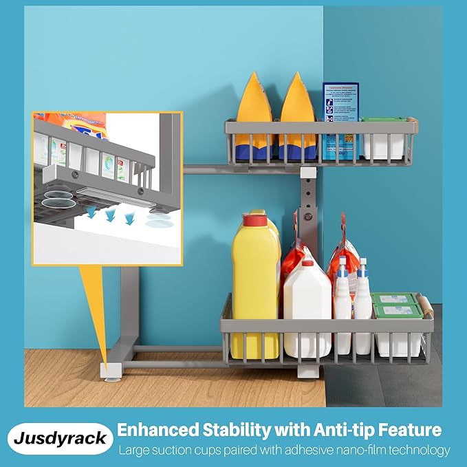 Jusdyrack Under Sink Organizer, 2 Packs 2 Tier Gray Under Sink Organizers and Storage, Slide Out Pull Out Cabinet Organizer Shelf, Metal Sliding Drawer for Kitchen Bathroom Cabinet Organization Rack
