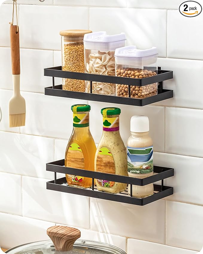 Baffect Metal Spice Rack Wall Mount Floating Shelves 2 Pack Black Storage organizer for Cabinet Door Pantry Kitchen Bathroom Supplies (9.8inches length)