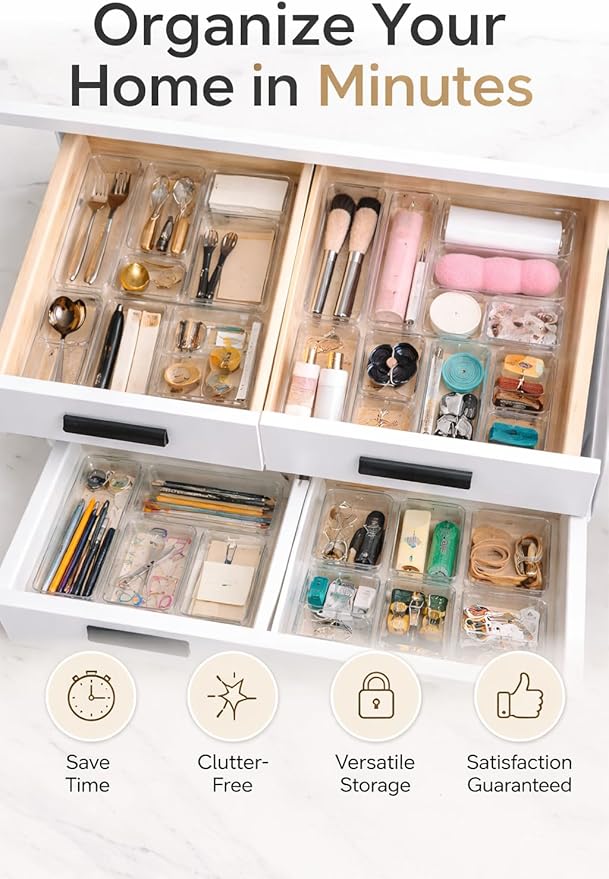 Bathroom Drawer Organizer Trays 13 Piece Clear Drawer Organizer Set, Plastic Organizer Bins for Bathroom, Makeup, Kitchen & Office, Modular In-Drawer Storage System