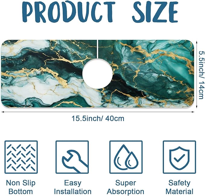 Green Marble Sink Faucet Absorbing Mat Liquid Gold Marble Super Absorbent Fast Drying Mat Sink Gadgets Behind Faucet Sinkmat for Kitchen Bathroom, 15.5"x5.5"