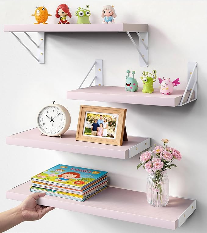BAYKA Wall Shelves for Bedroom Decor, Floating Wall Shelf for Living Room Kitchen Storage, Mounted Rustic Wood Shelves for Kids Books, Corner Shelf for Bathroom(Pink，16in，Set of 4)