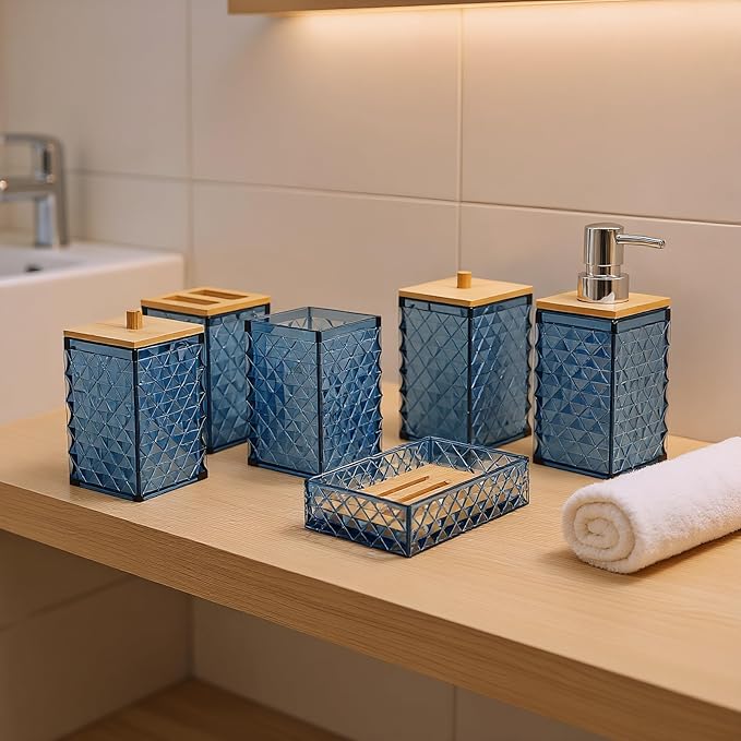 Bathroom Accessory Set,6 Pcs Blue Bathroom Set Include Soap Dispenser, Qtip Holder Dispenser, Soap Dish,Toothbrush Holder & Mouthwash Cup.Boho Bathroom Set