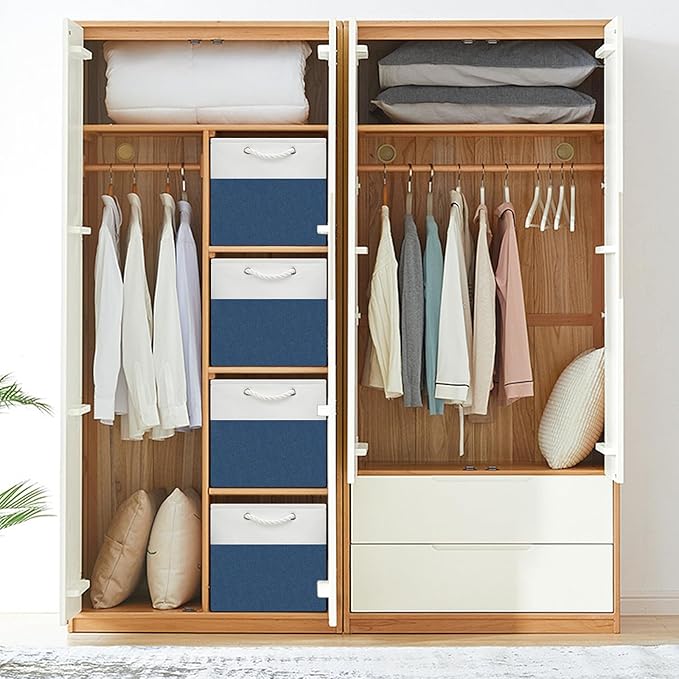 13x13 Storage Cube Bins 4Pack,Collapsible Cube Storage Organizer for Closet, Fabric Storage Box w/ Rope Handles, Foldable Storage Baskets for Shelves, Clothes,Closet Organization - White/Blue