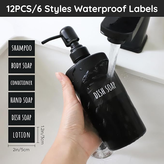 Segbeauty Glass Soap Dispenser Set, 2pcs 15.2oz Refillable Bathroom & Kitchen Dispensers, 450ml Black with Pump & Labels