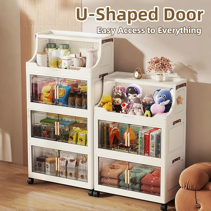 174QT Stackable Storage Bins with Lids & Rack, 4 Tier Large Capacity Foldable Storage Cabinet, Clear Collapsible Pantry Organizer for Home, Kitchen, Bathroom, Dorm, Office