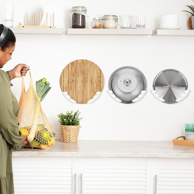 5 Pcs Universal Pot Lid Organizer for Cabinet, Pan Lids Holders Inside Cabinet Door, Wall Mount Pots Lid Organizers Rack for Kitchen, Fits 6" to 13.5"(White)