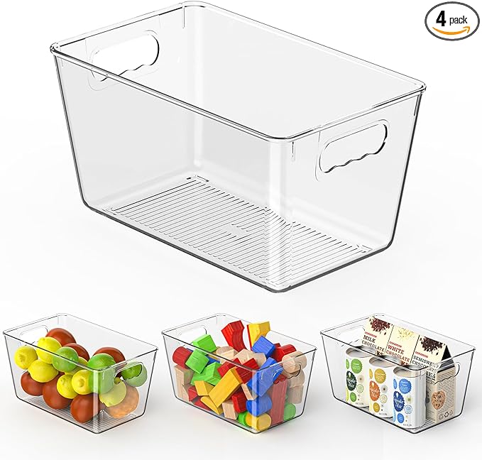 KJIXYUNG Clear Pantry Organizer Bins, Plastic Organizers & Storage Containers, Cabinet Organizer, Home Organization Must Haves for Kitchen, Laundry Room, Office, Closet & Freezer (4 Pack)
