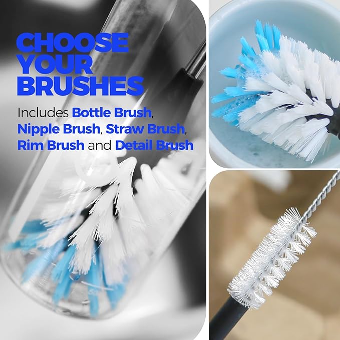 Holikme Bottle Brush Cleaner Set, 14" Long Handle Stainless Steel Bottle Cleaner Brush, 3 Straw Cleaner Brush, Bottle Cleaning Brush for Water Bottle, Cups, Abrasive Flat End Brushes, Straws White