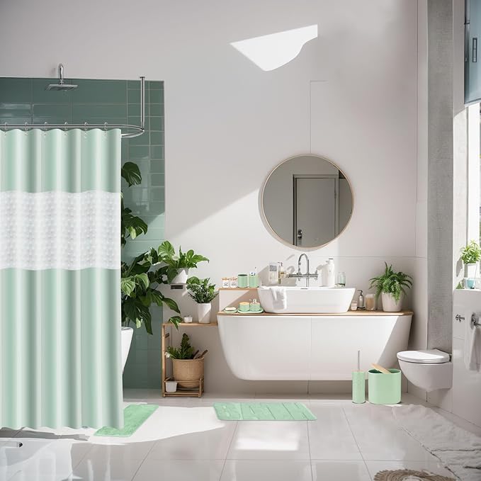 IMAVO Green Bathroom Set,26Pcs Bathroom Accessories Set with PVC Shower Curtain,Rugs,Trash Can,Tray,Soap Dispenser,Soap Dish,Toothbrush Holder,Toothbrush Cup,Toilet Brush Holder and Qtip Holders