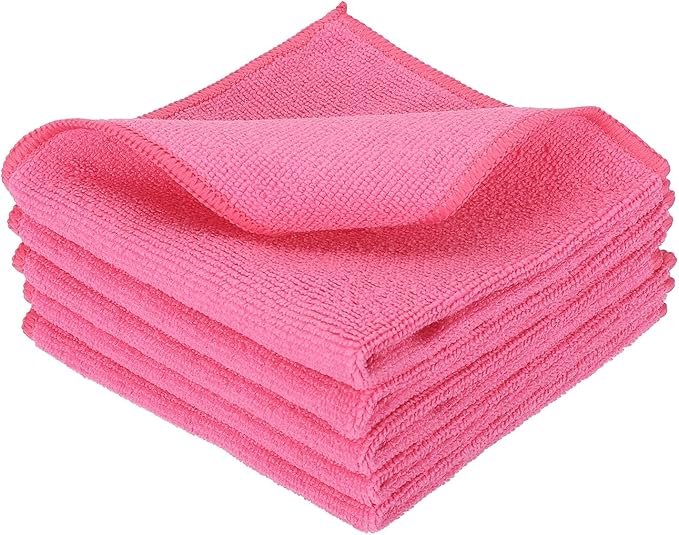 uxcell 5 Pcs Microfiber Cleaning Cloth, Kitchen Towels Reusable Microfiber Towels Highly Absorbent for Household Cleaning Supplies, Kitchen, Bathroom, Pink(Square), 11.8" X11.8