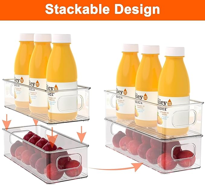 Set of 6 Refrigerator Pantry Organizer Bins - Stackable Fridge Organizers with Handles for Pantry, Freezer, Kitchen, Countertops, Cabinets - Clear Plastic Food Storage Bins