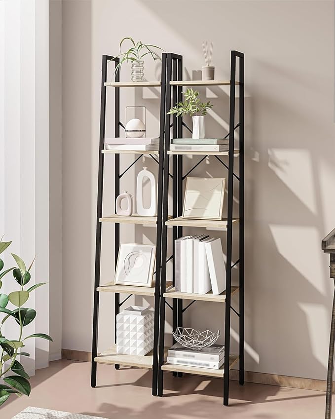Ladder Shelf, Bookshelf Bookcase, Freestanding Corner Storage Shelve with 2 Hooks for Home Office, Living Room, Kitchen, Bedroom, Industrial, 11.8" D x 13.4" W x 63" H, Greige BC03205B