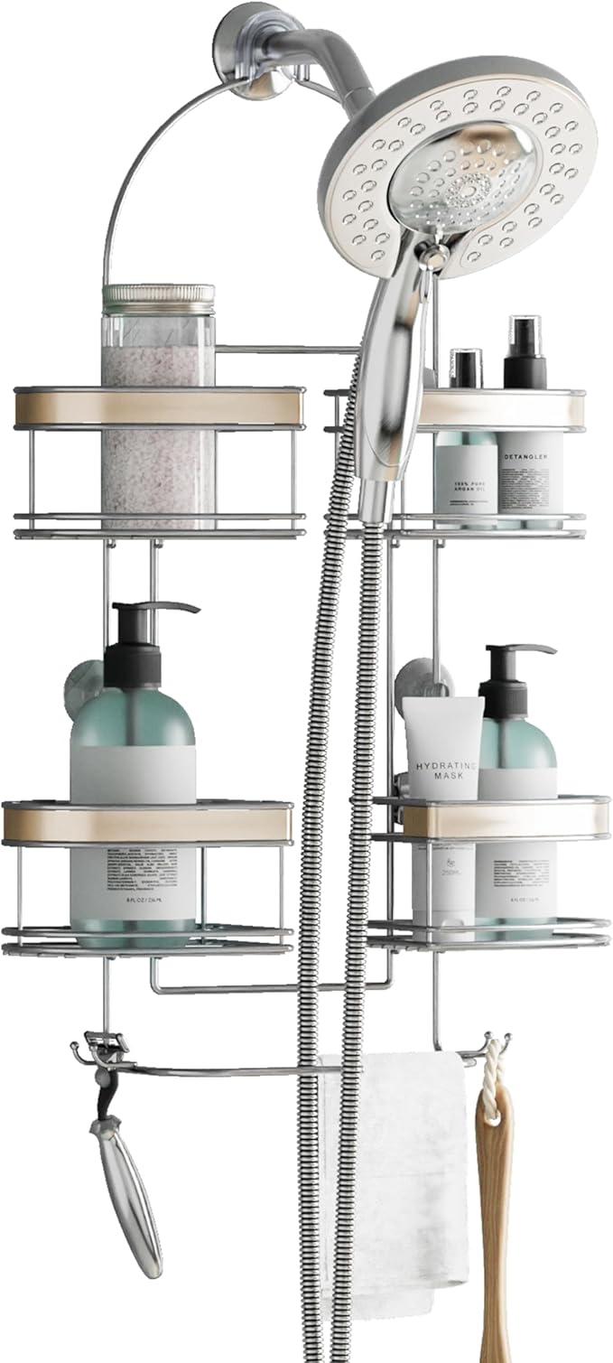 Zenna Home Expanding Shower Caddy, Rust-Resistant, Chrome with Brushed Accents