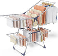 Sakugi Clothes Drying Rack, Foldable 2-Level Laundry Drying Rack with Height-Adjustable Wings, for Clothing & Bedding, Free-Standing Space-Saving Rack, Indoor & Outdoor, 55.5"L × 22.8"W, Silver Blue