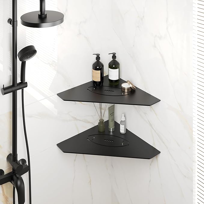 FerdY 2-Pack 10" Matte Black Recessed Corner Shower Shelf, for Tiled Bathroom Walls, Floating Shelf, 304 Stainless Steel Shower Caddy Storage Shelves, No Drilling Required, Rugby Diamond