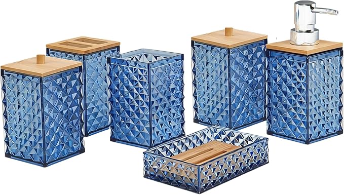 Bathroom Accessory Set,6 Pcs Blue Bathroom Set Include Soap Dispenser, Qtip Holder Dispenser, Soap Dish,Toothbrush Holder & Mouthwash Cup.Boho Bathroom Set