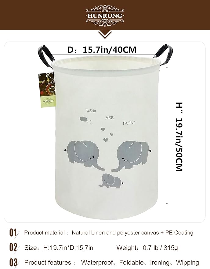 HUNRUNG Laundry Hamper,Large Canvas Fabric Lightweight Storage Basket Toy Organizer Dirty Clothes Collapsible Waterproof for College Dorms, Children Bedroom,Bathroom（Round-Family Elephants）