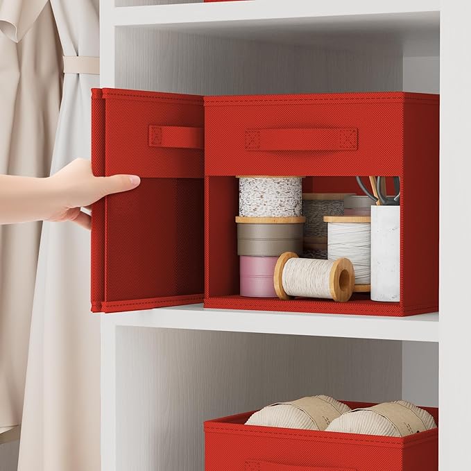 DIMJ Cube Bins, 12.2-Inch Storage Bins Cubes with Window, 6 Packs Collapsible Storage Bins with Handles, Closet Storage Baskets for Organizing Living Room, Office,8 Pack,Red