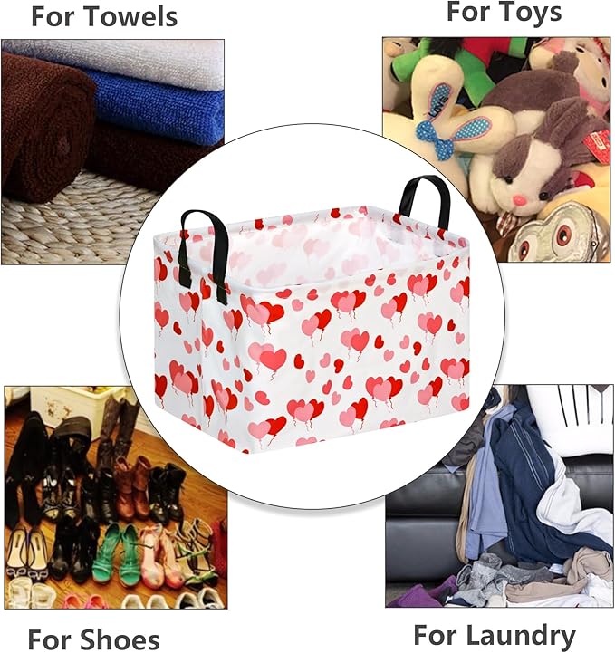 Empty Gift Basket for Girls Heart Print Storage Cube for Women, Closet Shelf Waterproof Organizer Bins with Handles Waterproof Nursery hamper Kids Toys Books Box Room Deco