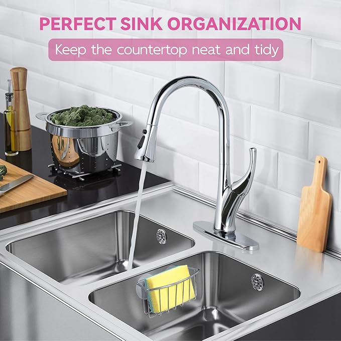 Linemoon Sponge Holder for Kitchen Sink Caddy with 2 Suction Cups, Efficient Sponge Caddy for Kitchen Storage, Rustproof, Highly Adhesive Silver