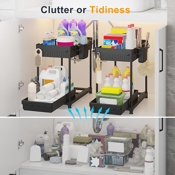 2 Pack Multi-Purpose Under Sink Organizers and Storage, 2026 Pull Out Cabinet Organizer for Bathroom & Kitchen, Under Cabinet Organizer with Hooks Hanging cup, Black