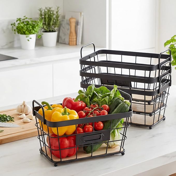 4 Pcs Black Metal Wire Pantry Storage Baskets with Wood Bottoms Small Wire Basket 8.8 x 5 x 5 Inch Farmhouse Decoration Metal Pantry Storage Organizing Caddy Bin Baskets for Bathroom Kitchen