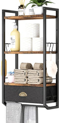 Bathroom Storage Organizer Wall Mounted, 3 Tier Bathroom Towel Rack Shelf with Storage Drawer Double Towel Bars and Hooks, Industrial Bathroom Shelves Over Toilet, Rustic Black and Brown (A)