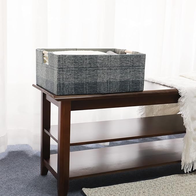 Fabric Storage Bin Box Collapsible Cotton Linen Storage Cube with Wooden Handles Rectangular Decorative Home Organizer Clothes Blanket Basket– Dark Gray Plaid, Small