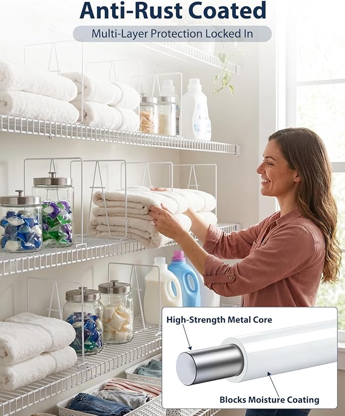 4 Pack Wire Shelf Dividers for Closet, Solid Coated Metal Closet Dividers for Closet Organization, Easy Install Closet Shelf Divider for 12'' Tall x 12'' Deep Wire Shelves and Storage, White