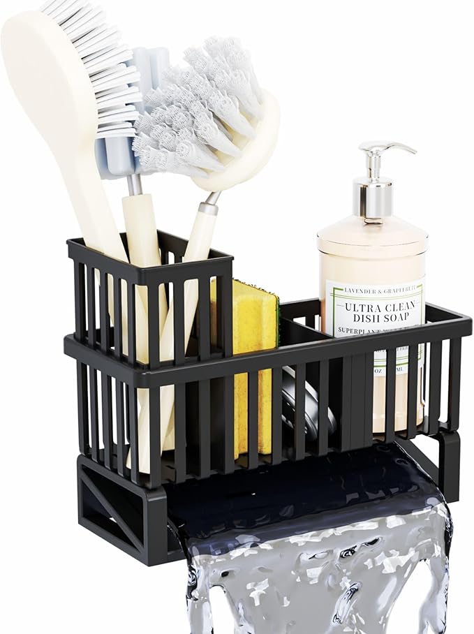 Yieach Rustproof Kitchen Sink Caddy Organizer,Durable Plastic Scrubber,Drain,Dish Sponge Holder,Dish Soap Rack and Dispenser,Multifunctional Kitchen Sink Counter Storage Organization Accessories,Black