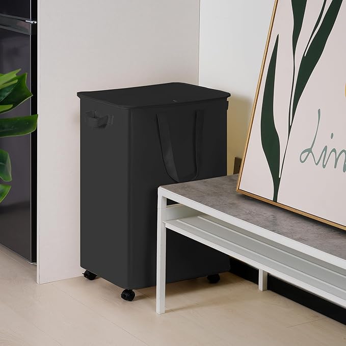 Slim Laundry Hamper with Lid and Wheels, Small Rolling Laundry Basket with Handle for Small Spaces, Tall Dirty Clothes Hampers for Dorm, Bathroom and Bedroom, 95L Black