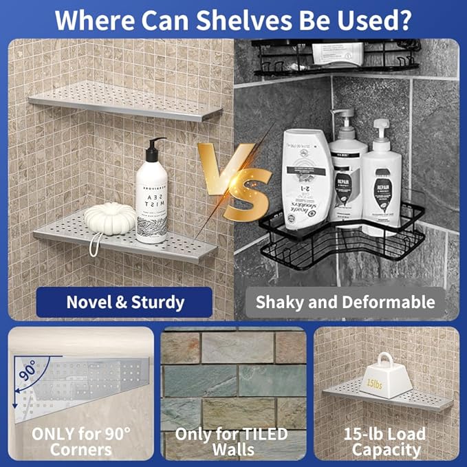 Bernkot Corner Shower Shelf 12" Polished 304 Stainless Steel Recessed Trapezoid Grout in Shelves with Grid Design Bathroom Shelf Racks for Tiled Wall, 2 Pack