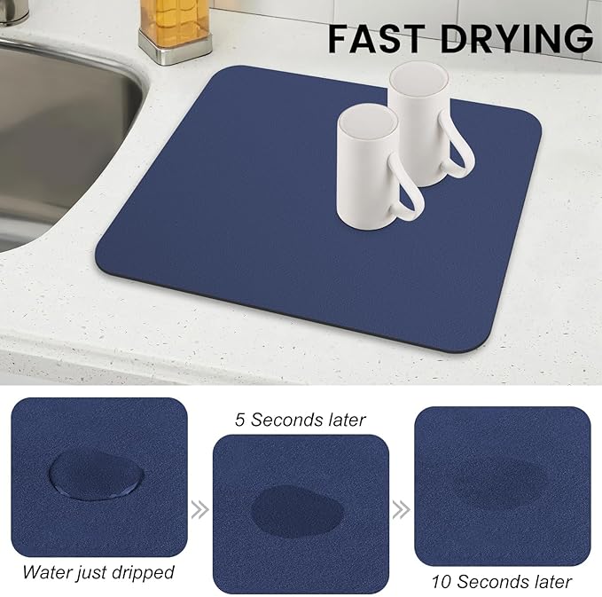 WISELIFE Dish Drying Mat Super Absorbent Drying Mat Large Dish Drying Mats for Kitchen Counter Easy Clean Dish Mat Kitchen Drying Mat15"x 18" Classic Blue